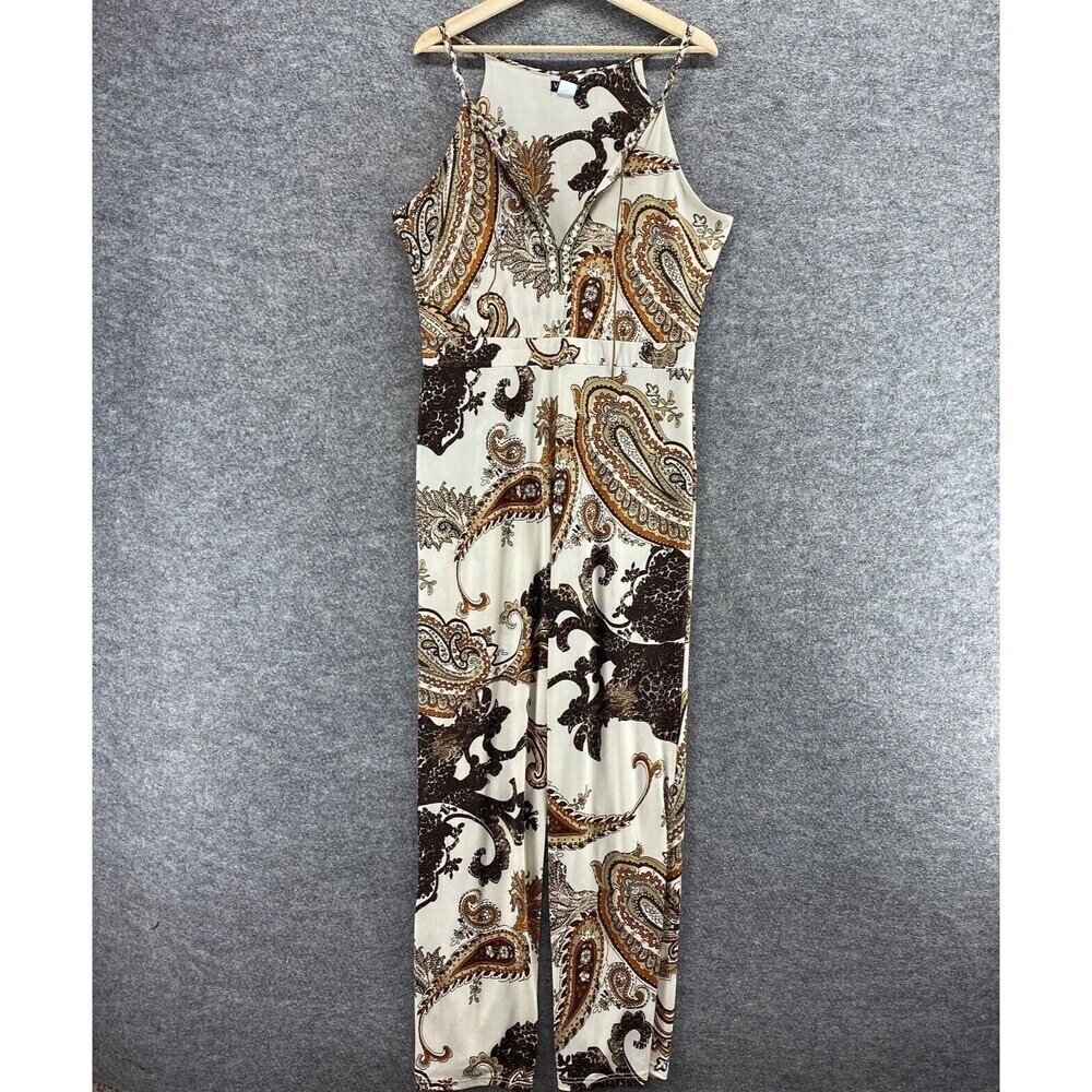 Venus Jumpsuit Women L Large White Paisley V-Neck Sleeveless Straight Casual